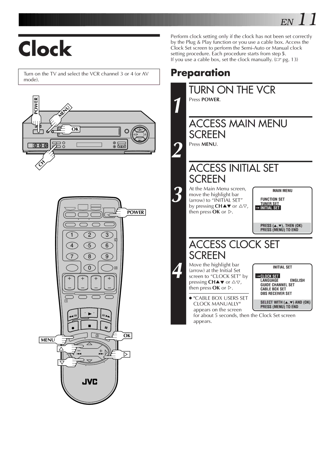 JVC HR-DD750U manual Access Clock SET, Preparation 