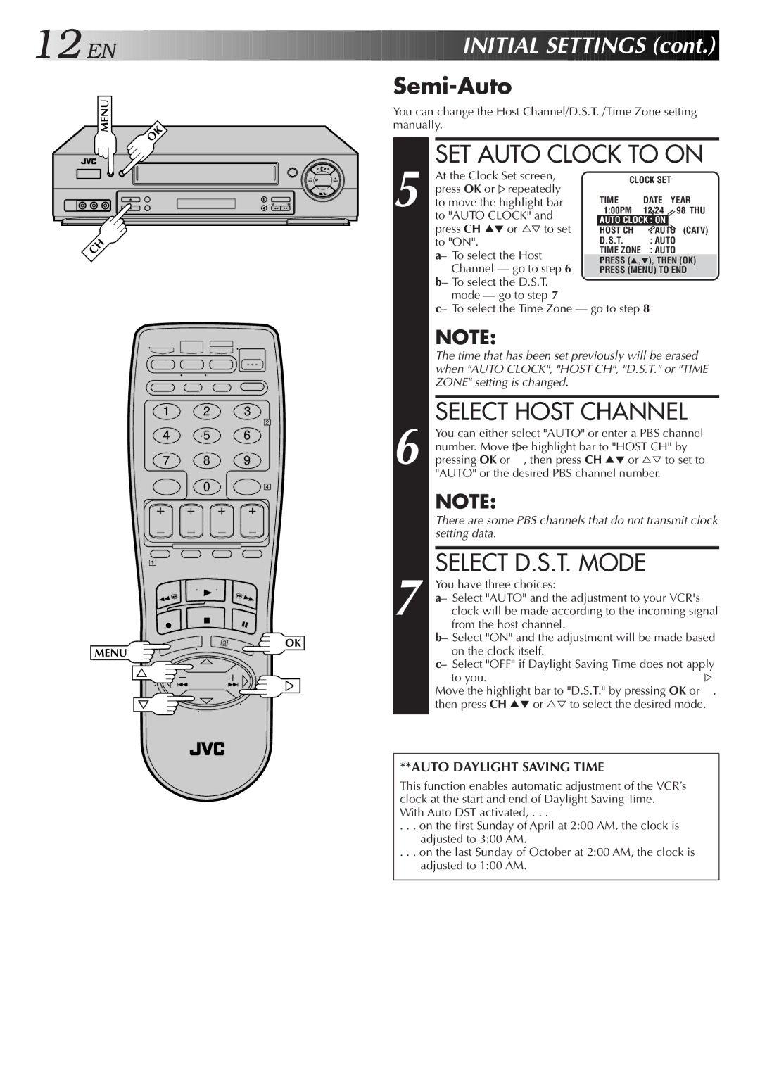 JVC HR-DD750U manual SET Auto Clock to on, Select Host Channel, Select D.S.T. Mode, Semi-Auto 