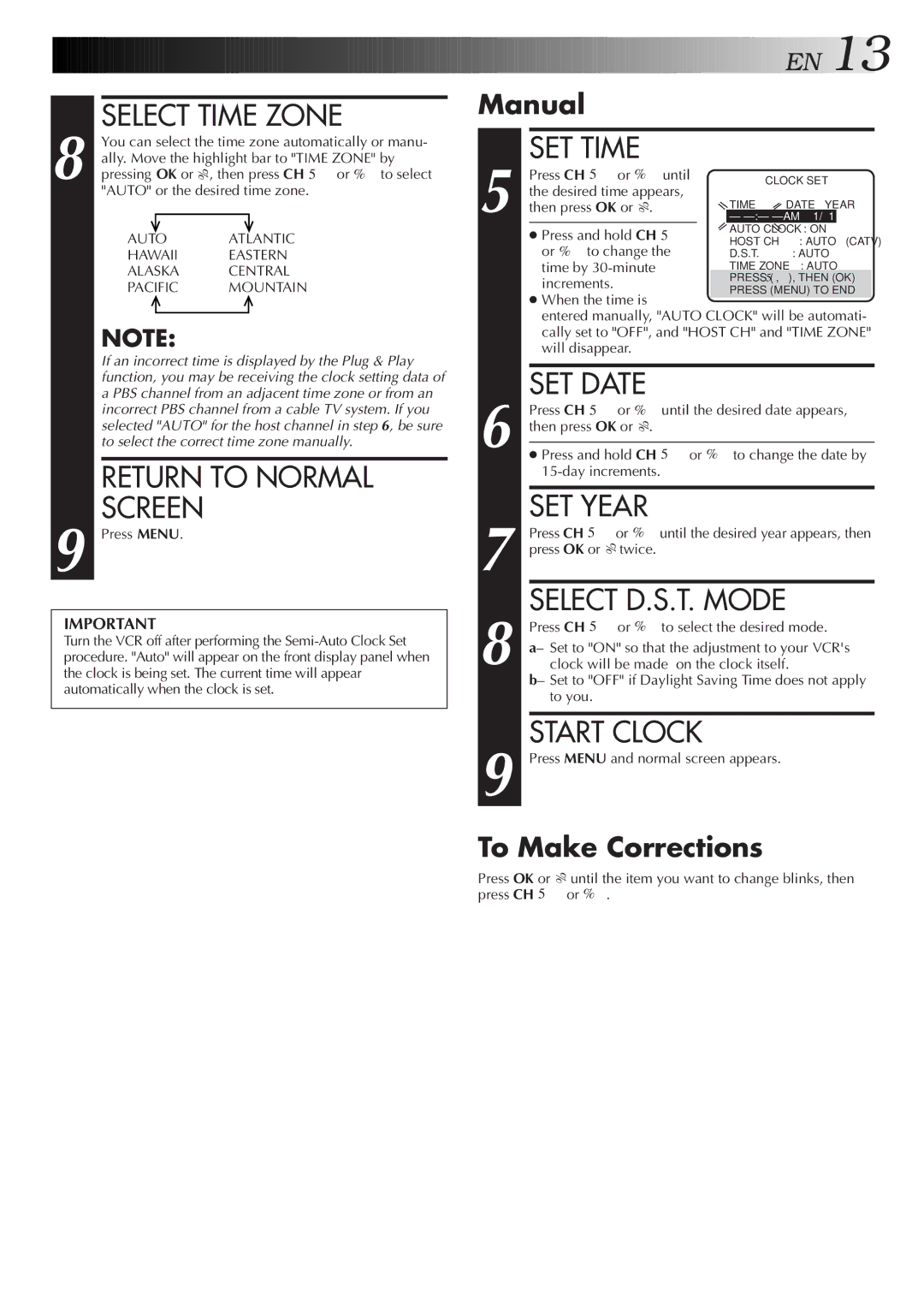 JVC HR-DD750U manual Select Time Zone, Return to Normal Screen, SET Time, SET Date, SET Year, Start Clock 