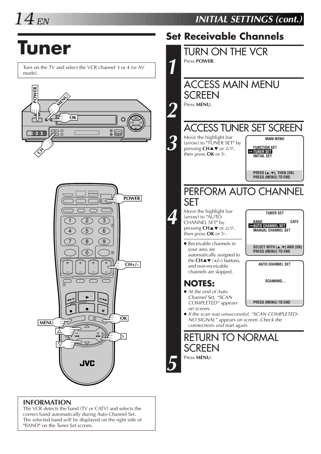 JVC HR-DD750U manual Tuner, Set Receivable Channels, Screen 