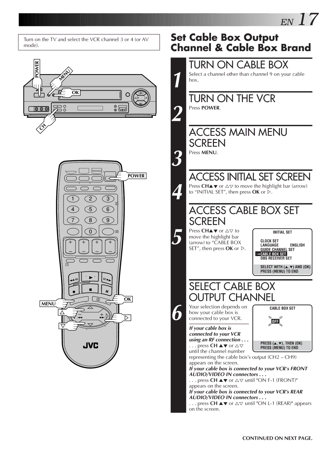 JVC HR-DD750U manual Turn on Cable BOX, Access Cable BOX SET, Select Cable BOX, Output Channel 