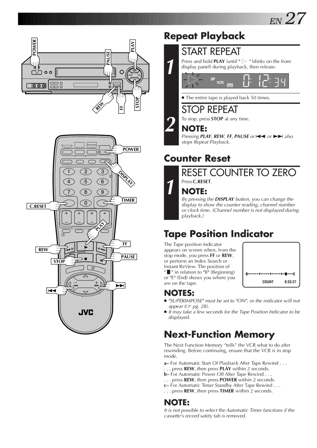 JVC HR-DD750U manual Start Repeat, Stop Repeat 