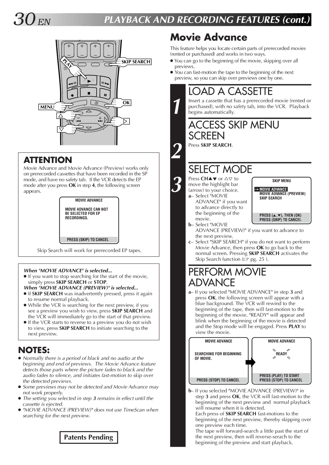 JVC HR-DD750U manual Access Skip Menu, Perform Movie Advance, Select Mode, Press Skip Search 