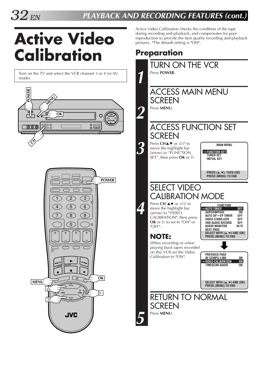 JVC HR-DD750U manual Active Video Calibration, Calibration Mode, Select Video 