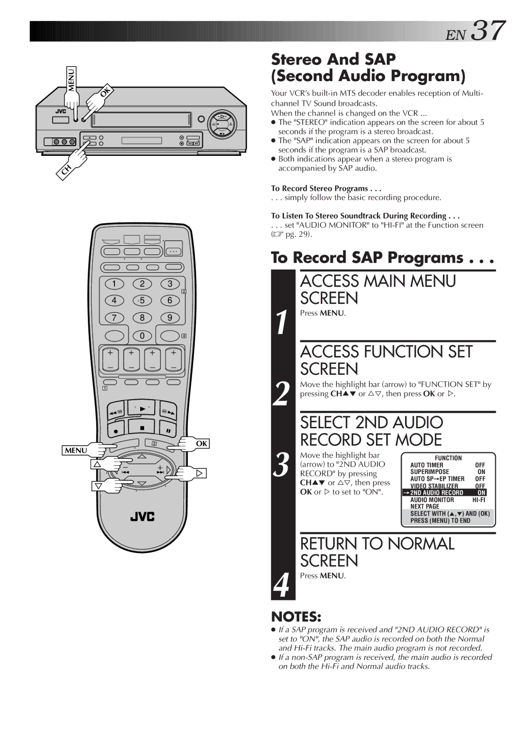 JVC HR-DD750U manual Select 2ND Audio Record SET Mode, Stereo And SAP Second Audio Program, To Record SAP Programs 