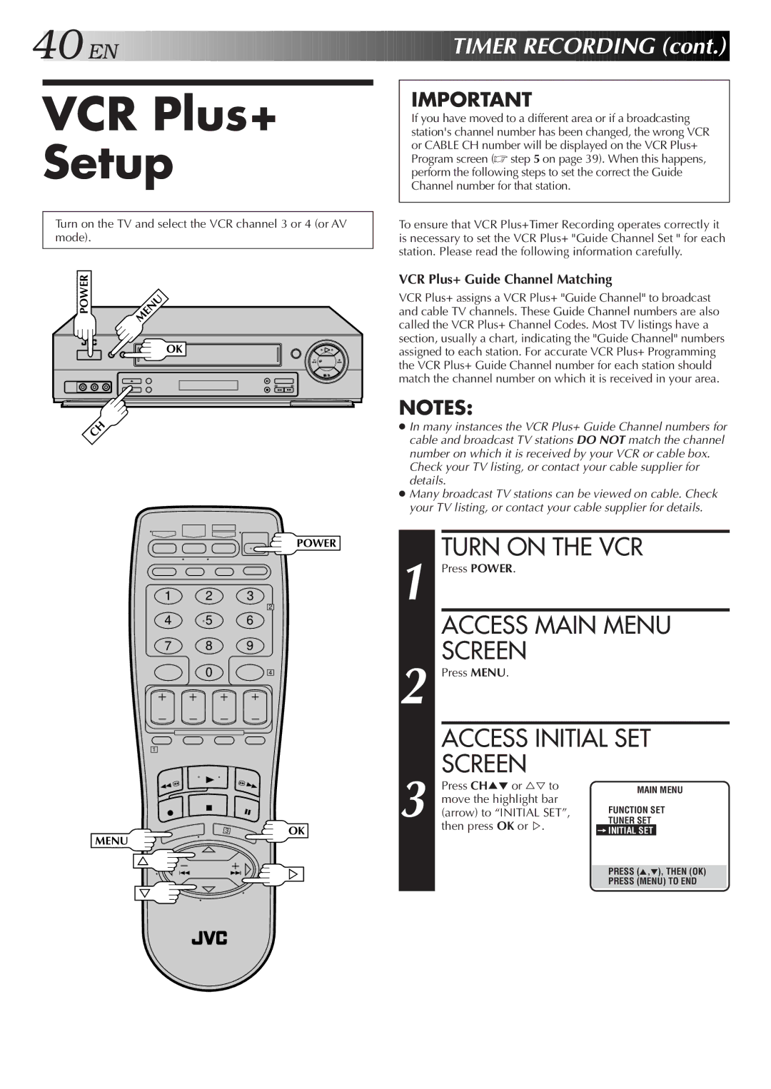 JVC HR-DD750U manual VCR Plus+ Setup, VCR Plus+ Guide Channel Matching 