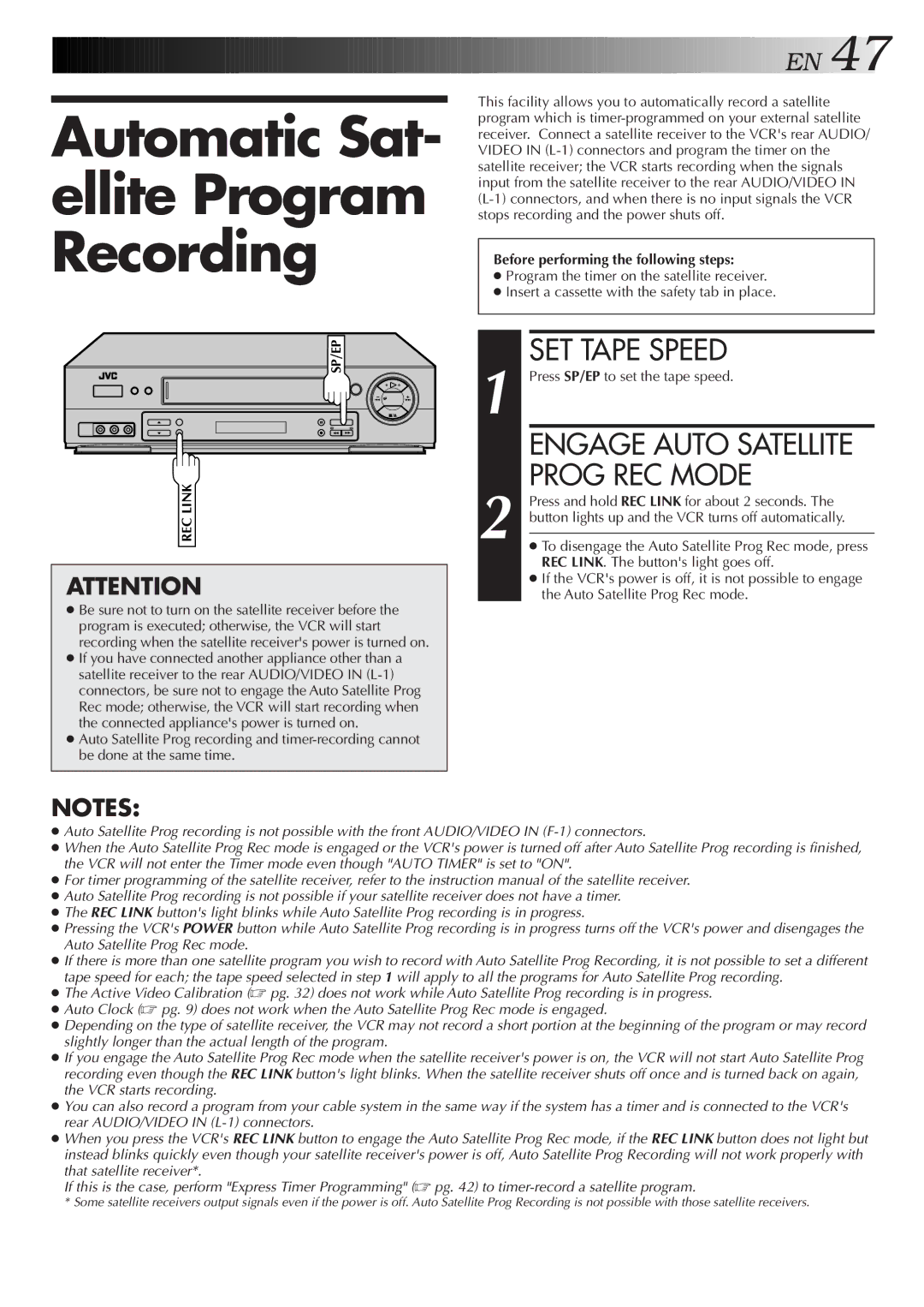 JVC HR-DD750U manual Automatic Sat- ellite Program Recording, Engage Auto Satellite Prog REC Mode 