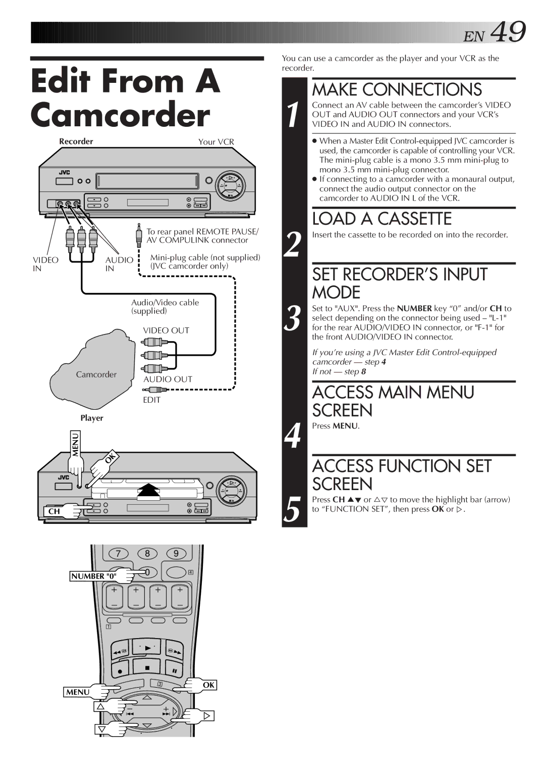 JVC HR-DD750U manual Edit From a Camcorder, Access Function SET Screen, Recorder 