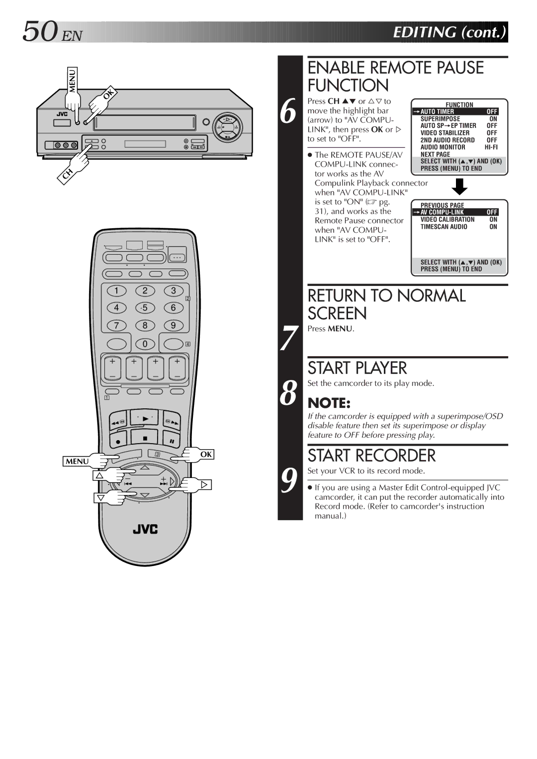 JVC HR-DD750U manual Enable Remote Pause Function, EN Editing 