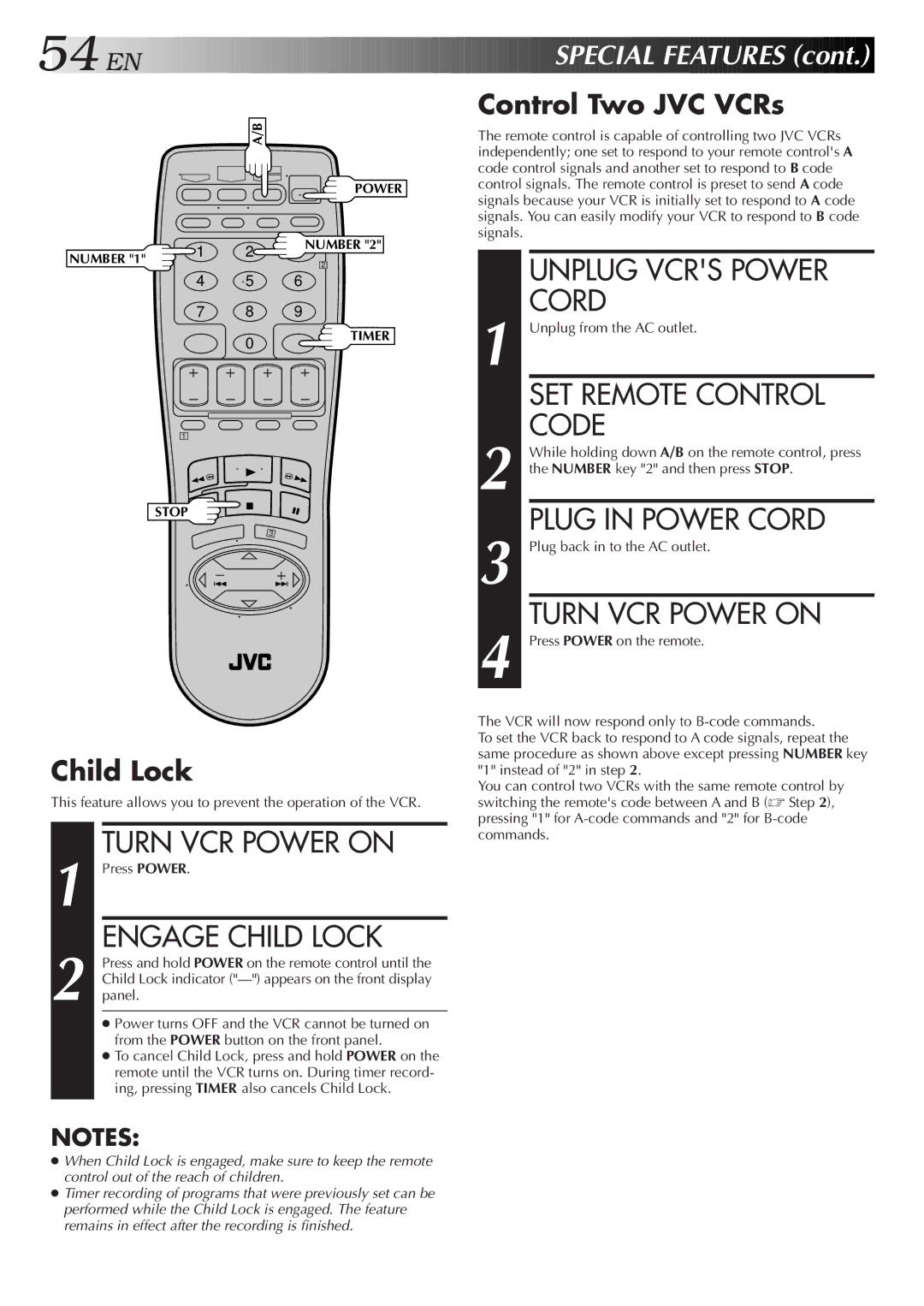 JVC HR-DD750U Unplug Vcrs Power, SET Remote Control, Code, Plug in Power Cord, Turn VCR Power on, Engage Child Lock 