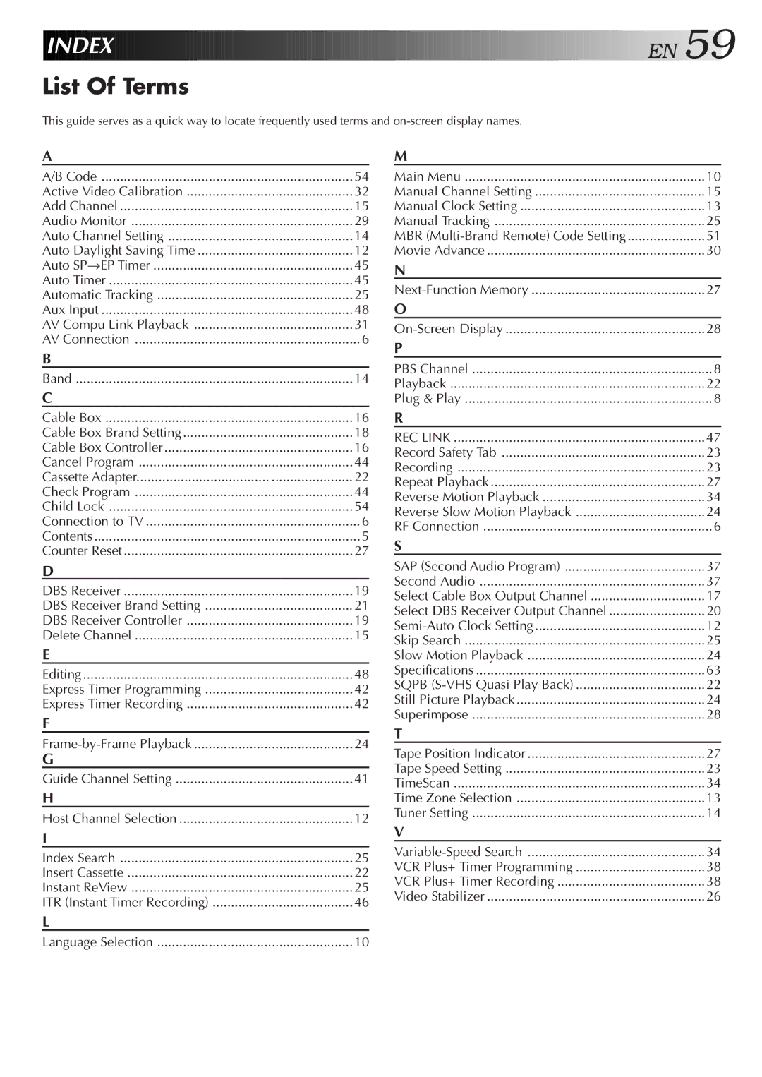 JVC HR-DD750U manual Index, List Of Terms, Express Timer Programming, MBR Multi-Brand Remote Code Setting 