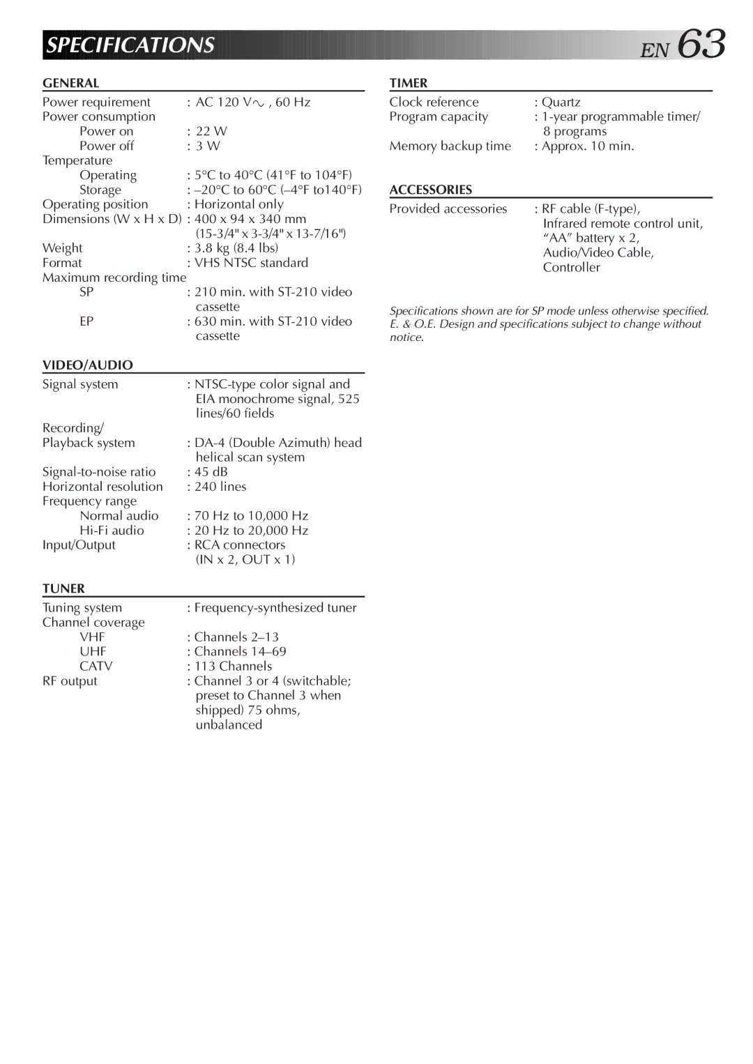 JVC HR-DD750U manual Specification S, 20C to 60C -4F to140F 