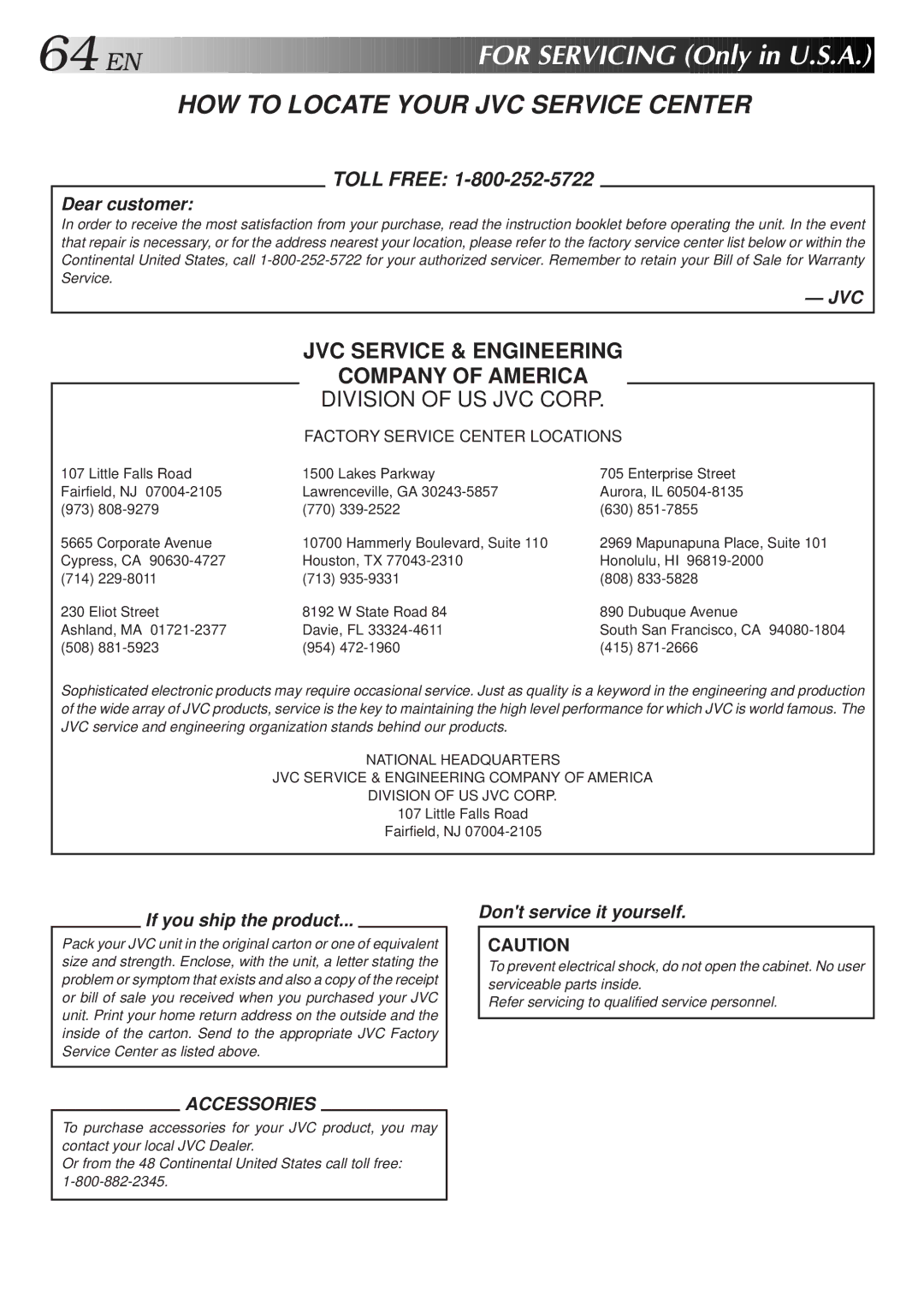 JVC HR-DD750U manual For Servicing Only in U.S.A, HOW to Locate Your JVC Service Center 