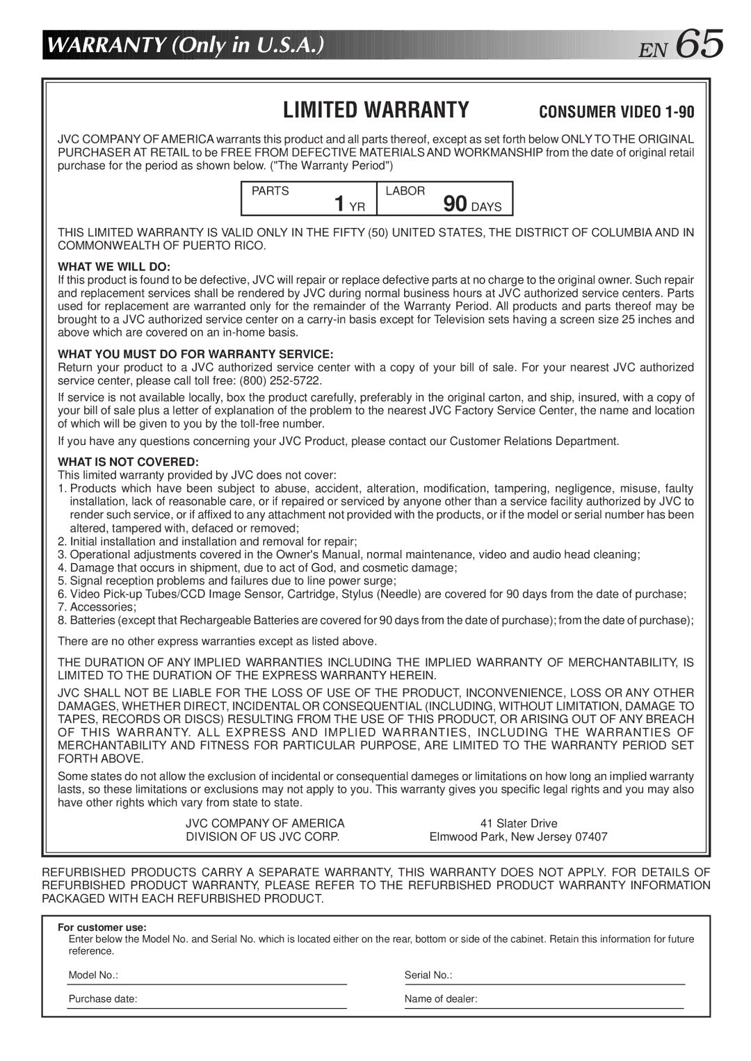 JVC HR-DD750U manual Warranty Only in U.S.A. E N, Limited Warranty 