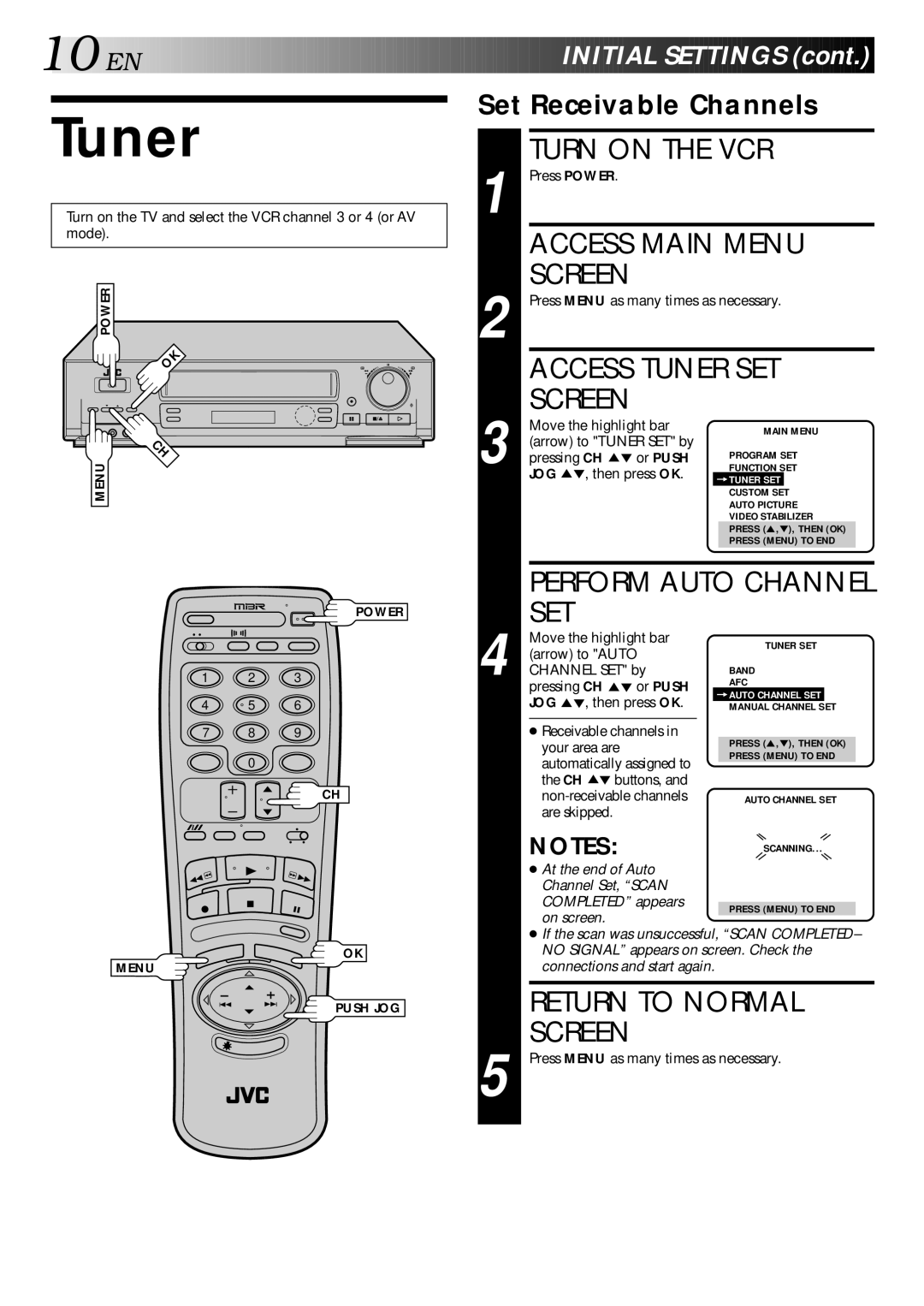 JVC HR-DD840KR manual Access Main Menu, Access Tuner SET, Set, Return to Normal Screen 