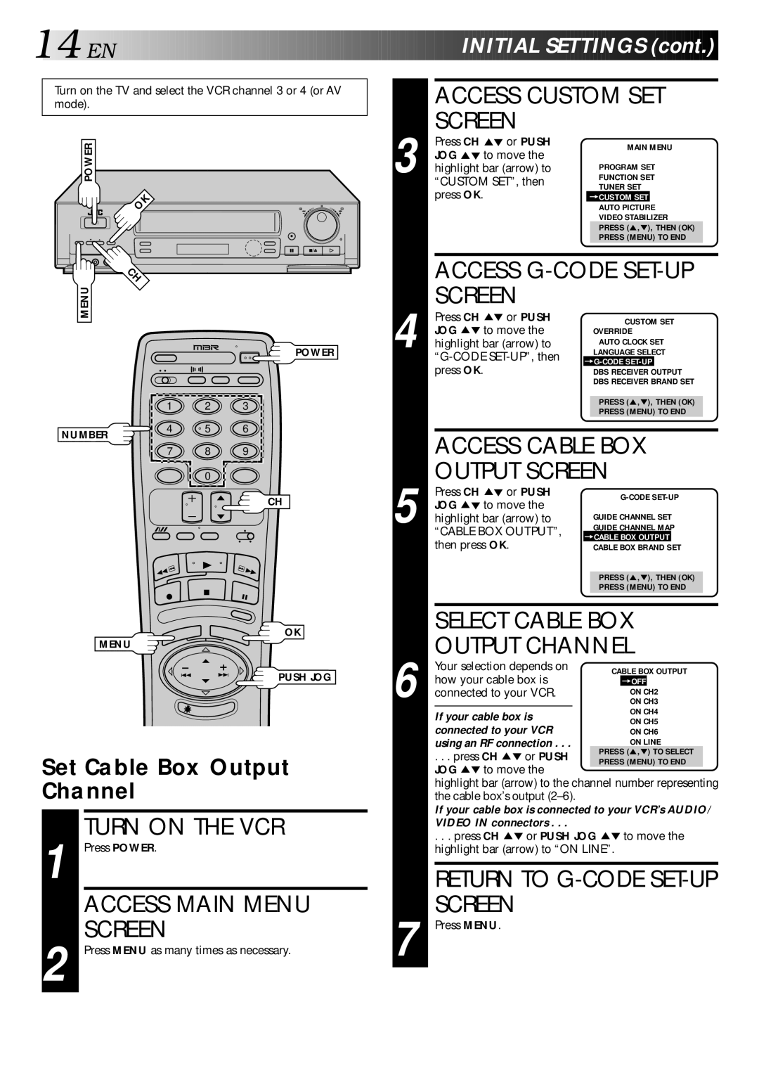 JVC HR-DD840KR manual Access Custom SET Screen, Access G-CODE SET-UP Screen, Select Cable BOX Output Channel 