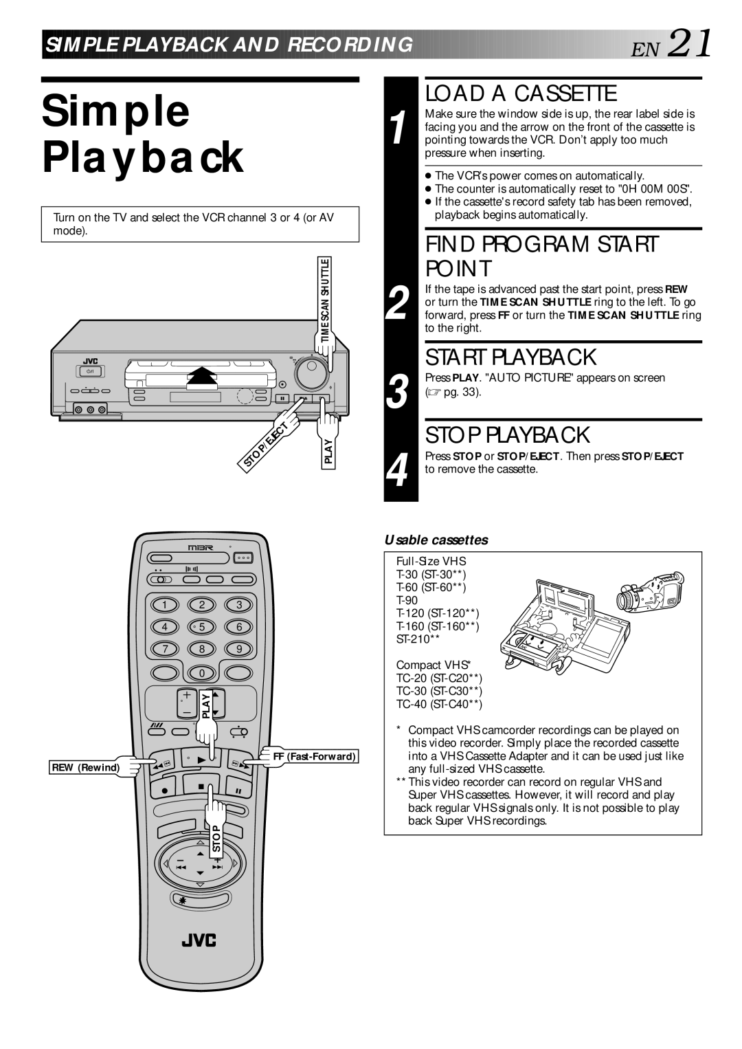 JVC HR-DD840KR manual Simple Playback, Load a Cassette, Find Program Start Point, Start Playback, Stop Playback 