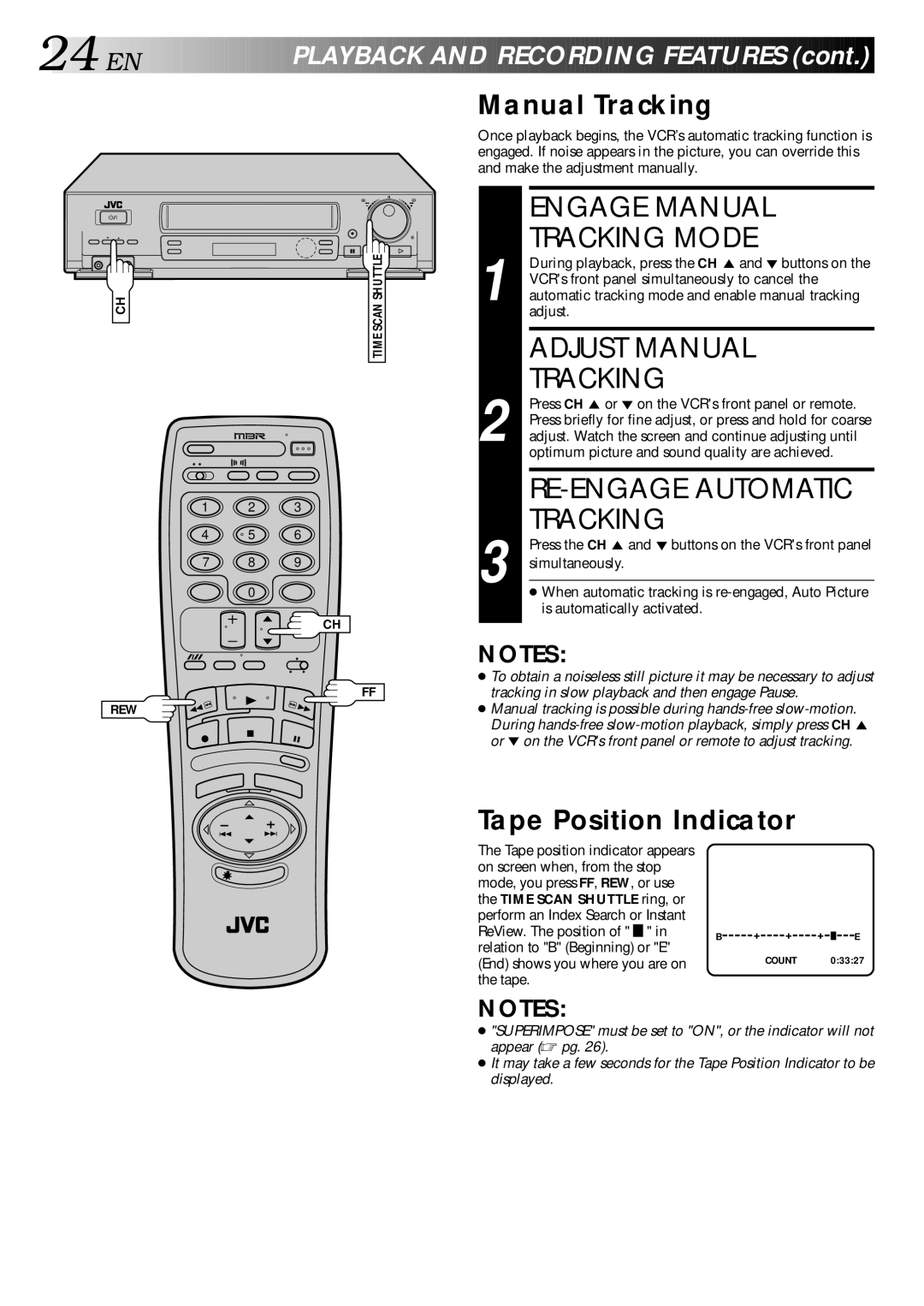 JVC HR-DD840KR manual Engage Manual Tracking Mode, Adjust Manual Tracking, RE-ENGAGE Automatic Tracking 