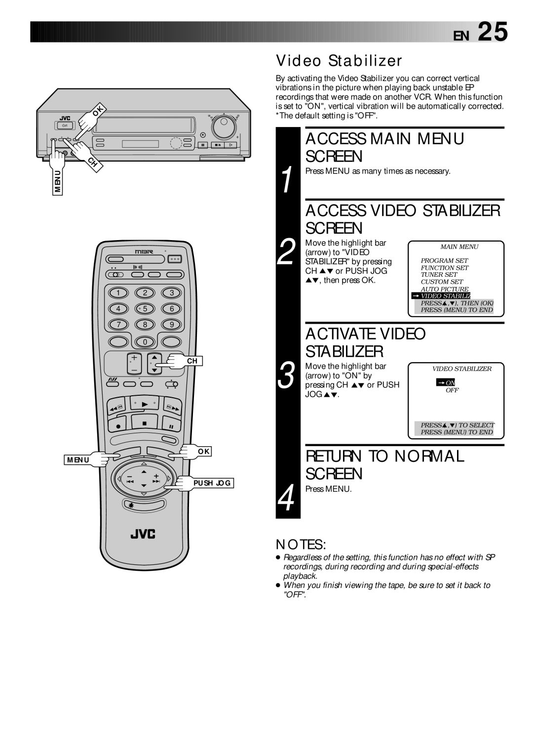 JVC HR-DD840KR manual Activate Video, Return to Normal, Video Stabilizer 