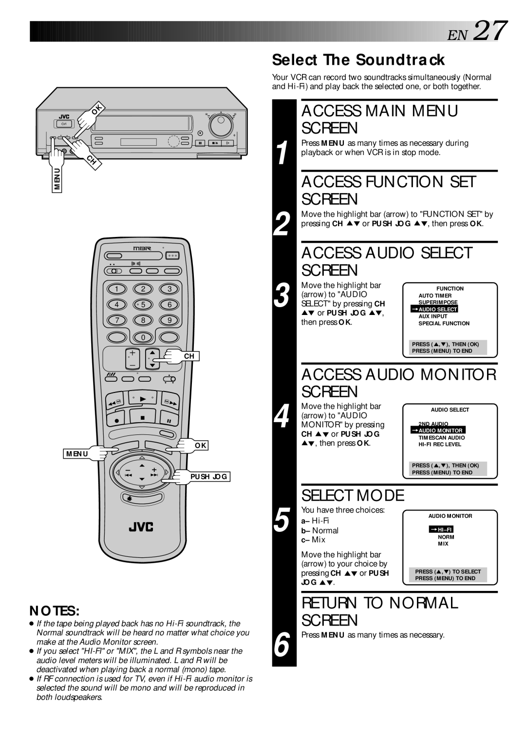 JVC HR-DD840KR manual Access Audio Select, Access Audio Monitor, Select The Soundtrack, Mix 