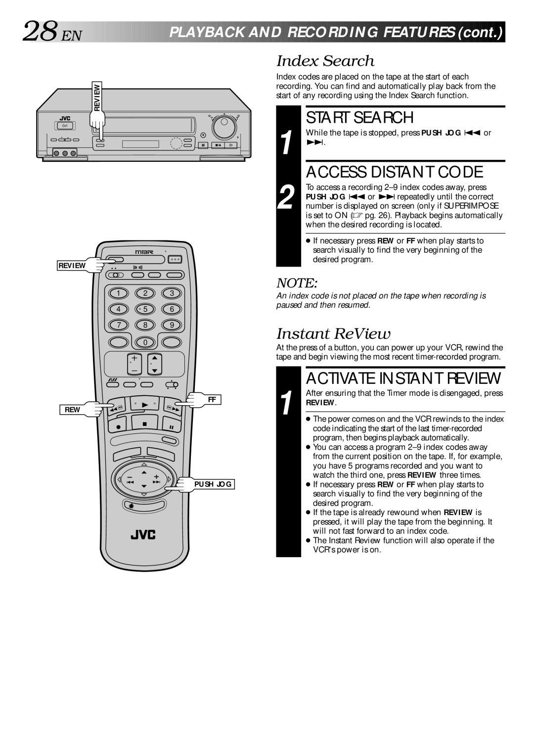 JVC HR-DD840KR manual Start Search, Access Distant Code, Index Search, Instant ReView 