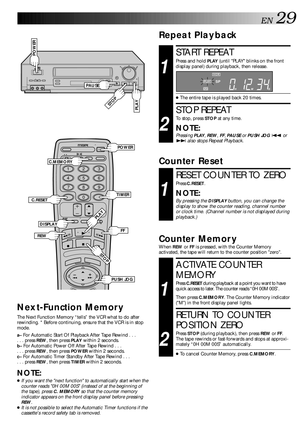 JVC HR-DD840KR manual Start Repeat, Stop Repeat, Activate Counter, Memory, Return to Counter Position Zero 