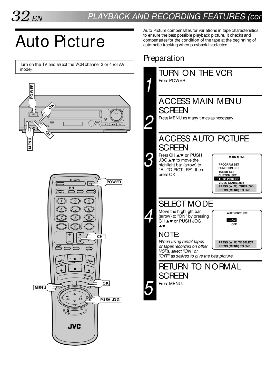 JVC HR-DD840KR manual Auto Picture, Turn on the TV and select the VCR channel 3 or 4 or AV mode 