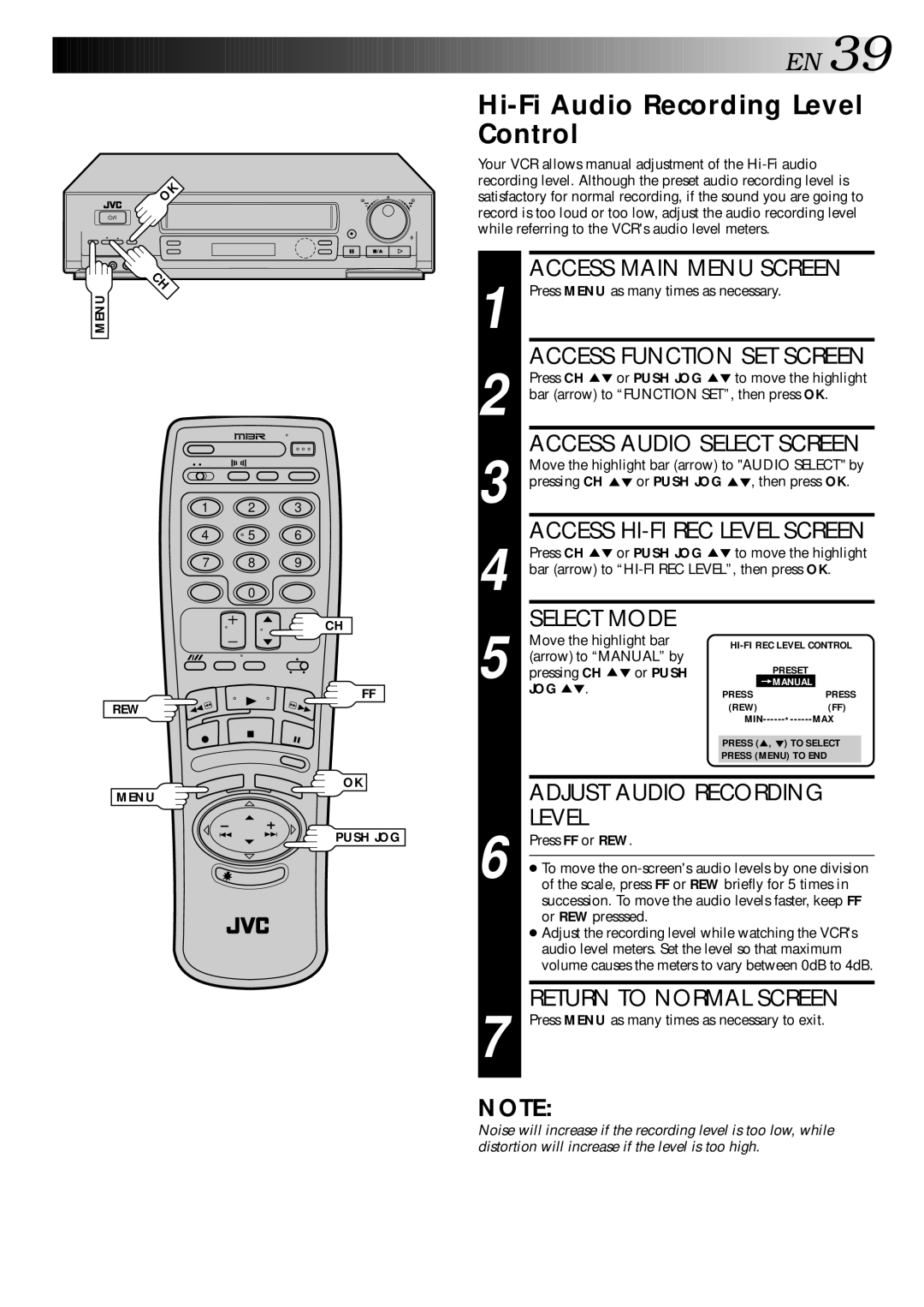 JVC HR-DD840KR Hi-Fi Audio Recording Level Control, Or Push JOG , then press OK, Arrow to Manual by Pressing CH 5 or Push 