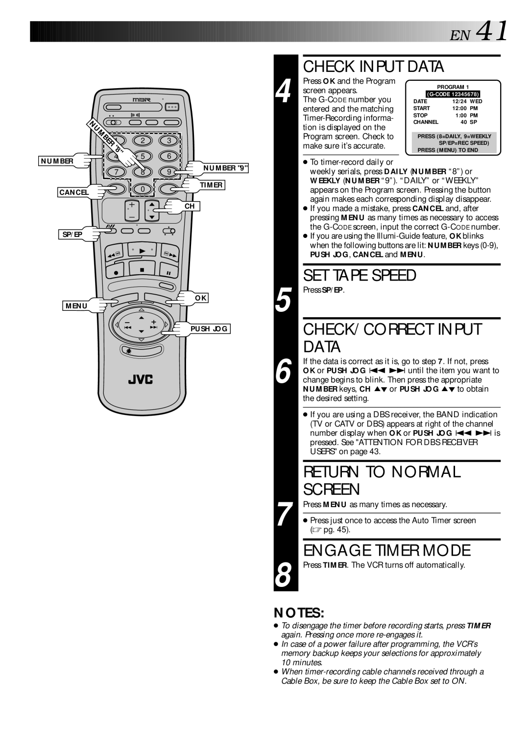 JVC HR-DD840KR manual CHECK/CORRECT Input, Data, Engage Timer Mode 