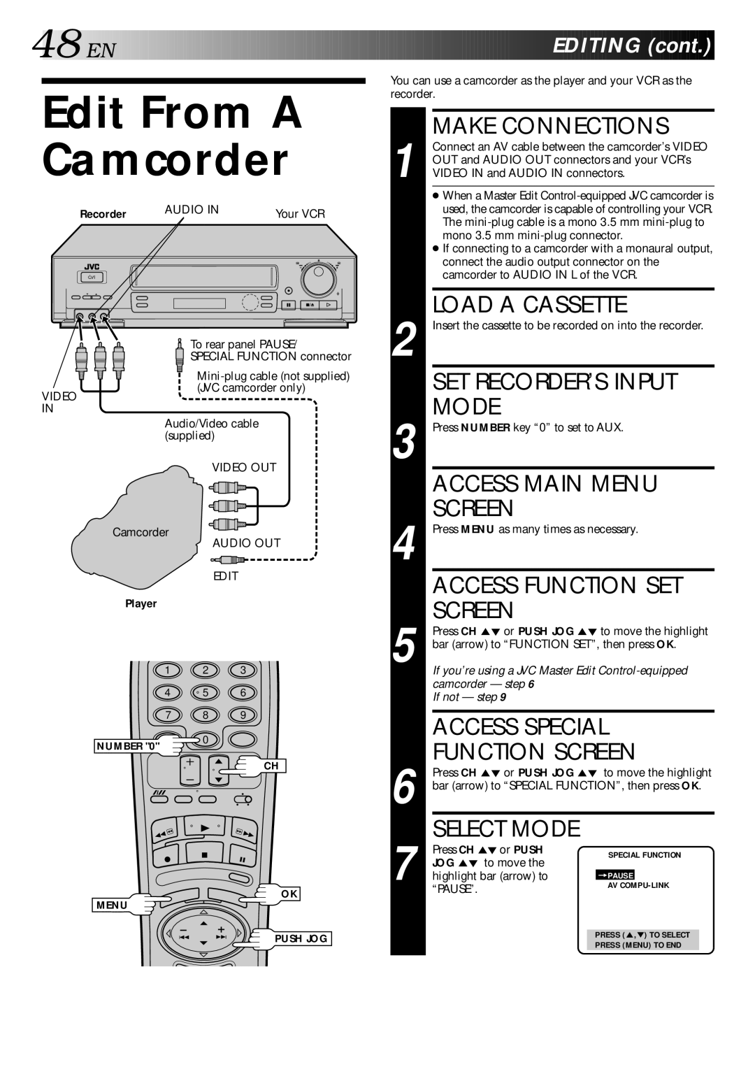 JVC HR-DD840KR manual Edit From a Camcorder, Mode 