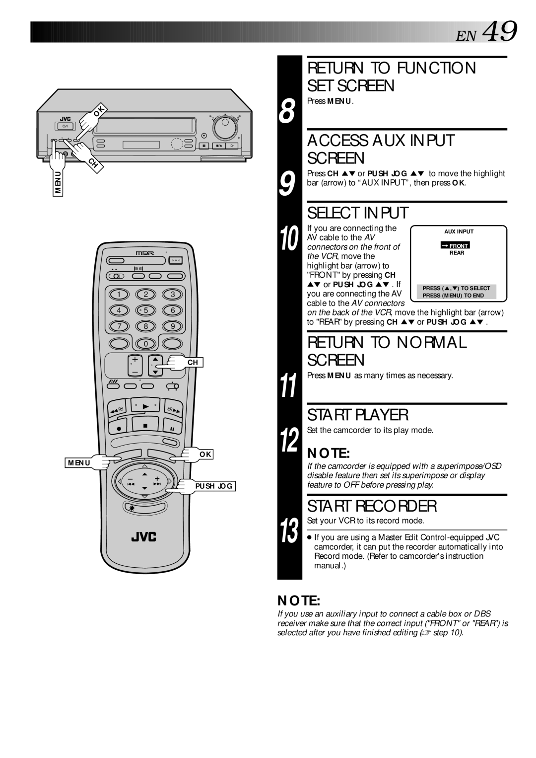 JVC HR-DD840KR manual Access AUX Input Screen, Select Input, If you are connecting AV cable to the AV 