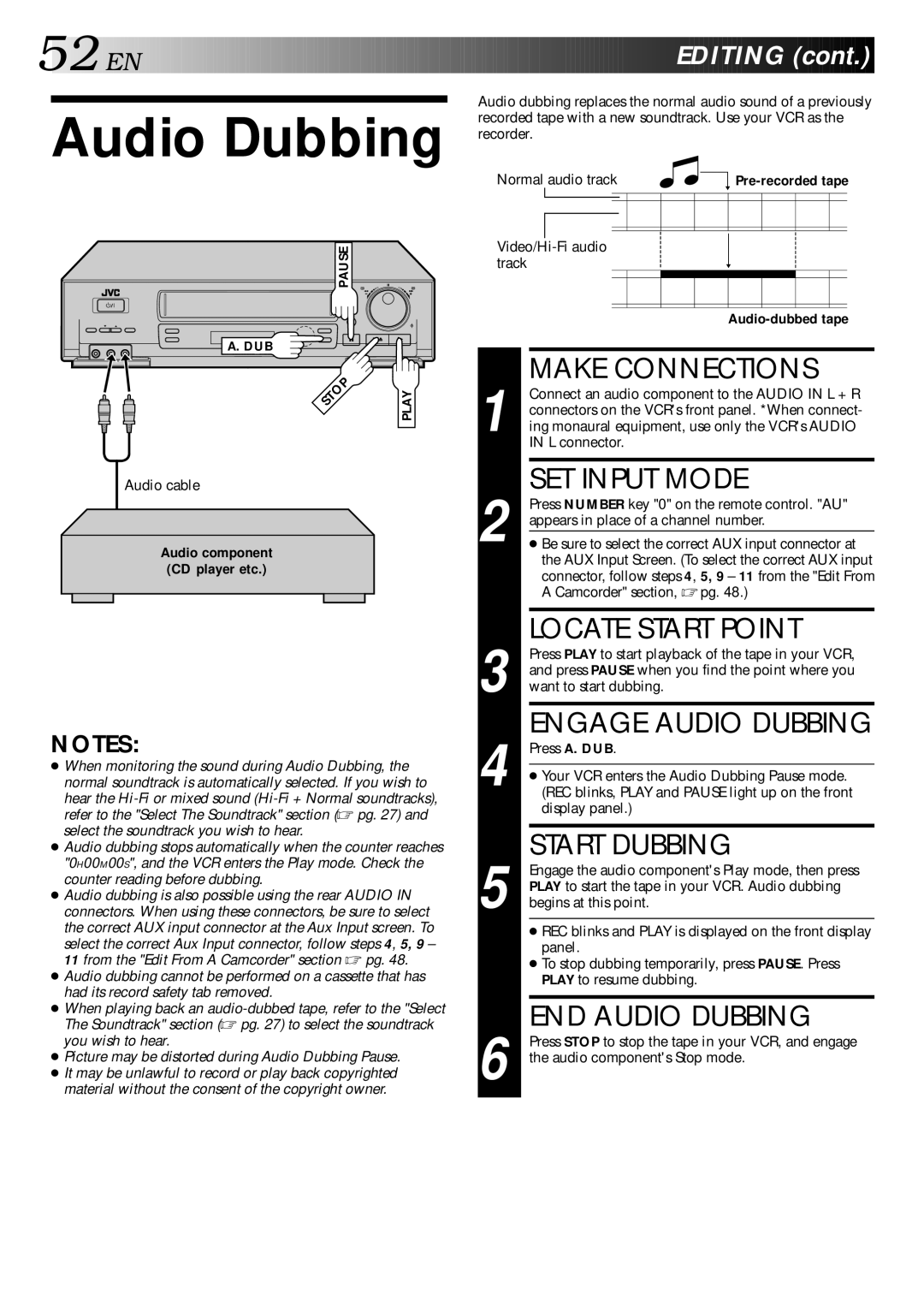 JVC HR-DD840KR manual Audio Dubbing recorder, Engage Audio Dubbing, Start Dubbing, END Audio Dubbing 