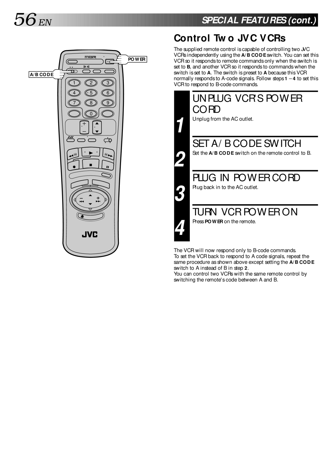 JVC HR-DD840KR manual Unplug Vcrs Power, SET A/B Code Switch, Plug in Power Cord, Turn VCR Power on 