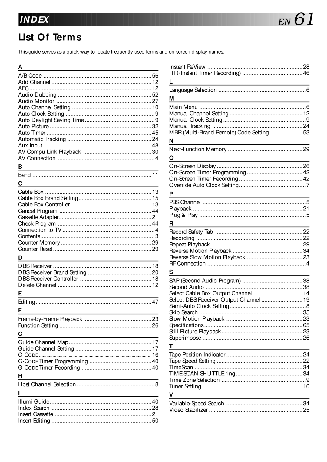 JVC HR-DD840KR manual Index, List Of Terms, MBR Multi-Brand Remote Code Setting, Select DBS Receiver Output Channel 