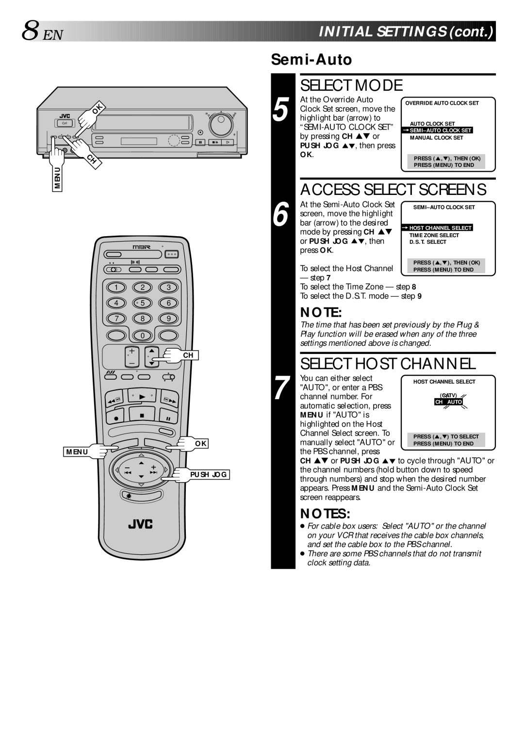 JVC HR-DD840KR manual Select Mode, Access Select Screens, Select Host Channel, Semi-Auto 