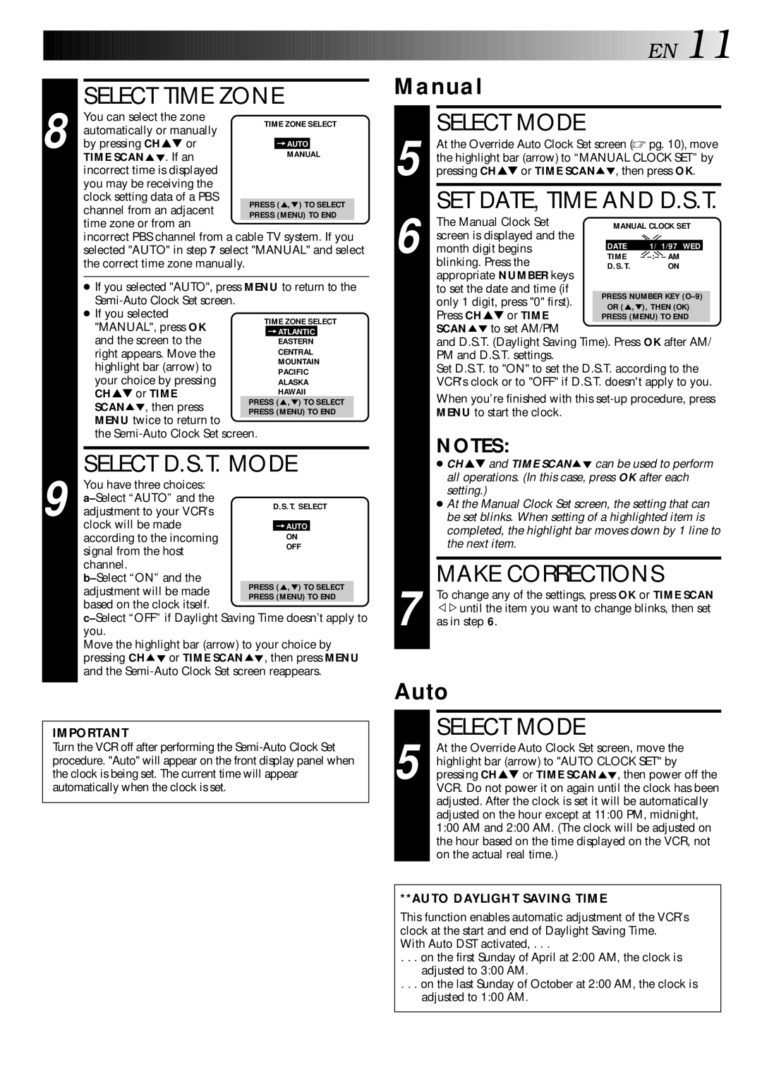 JVC HR-DD840U manual Select Time Zone, Select D.S.T. Mode, SET DATE, Time and D.S.T, Make Corrections 