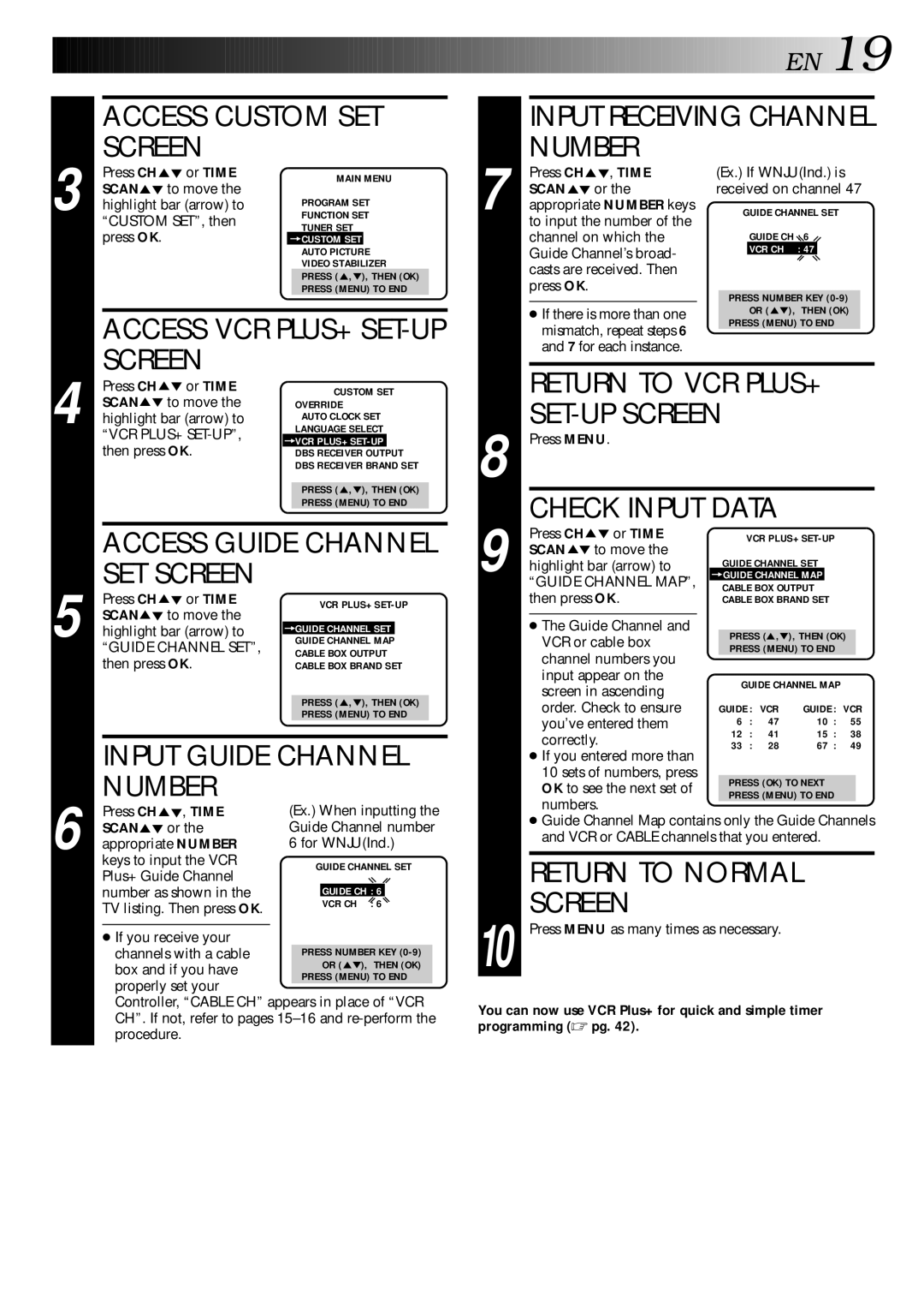 JVC HR-DD840U Access Custom SET Screen Input Receiving Channel Number, Access VCR PLUS+ SET-UP Screen, Check Input Data 