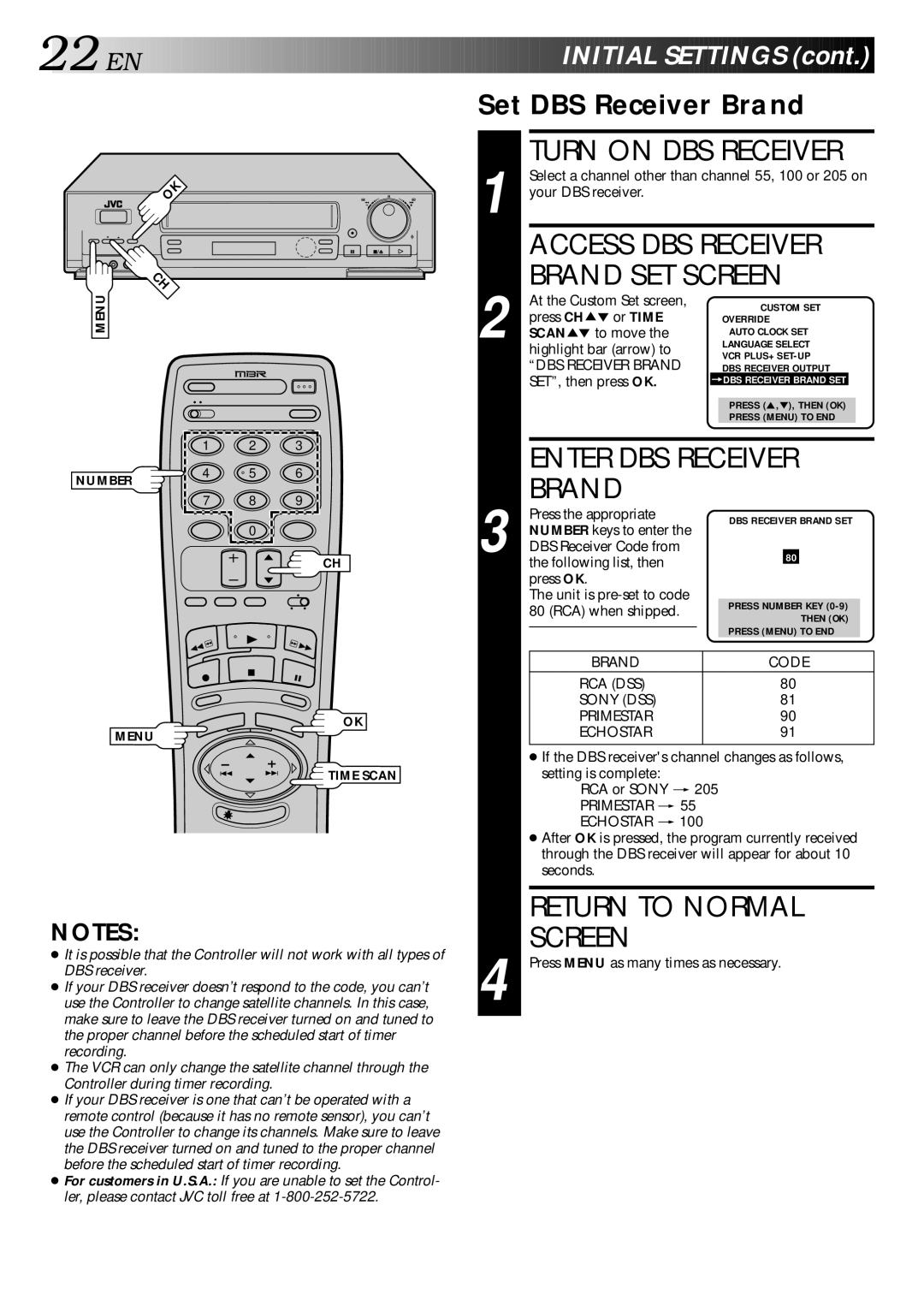 JVC HR-DD840U manual Turn on DBS Receiver, Enter DBS Receiver Brand, Set DBS Receiver Brand 