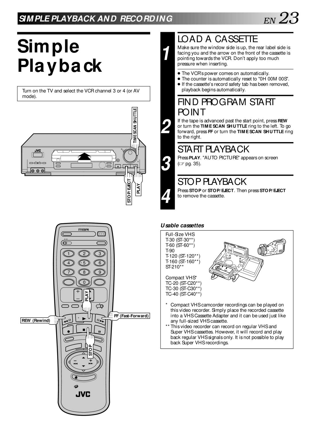 JVC HR-DD840U manual Simple Playback, Load a Cassette, Find Program Start Point, Start Playback, Stop Playback 