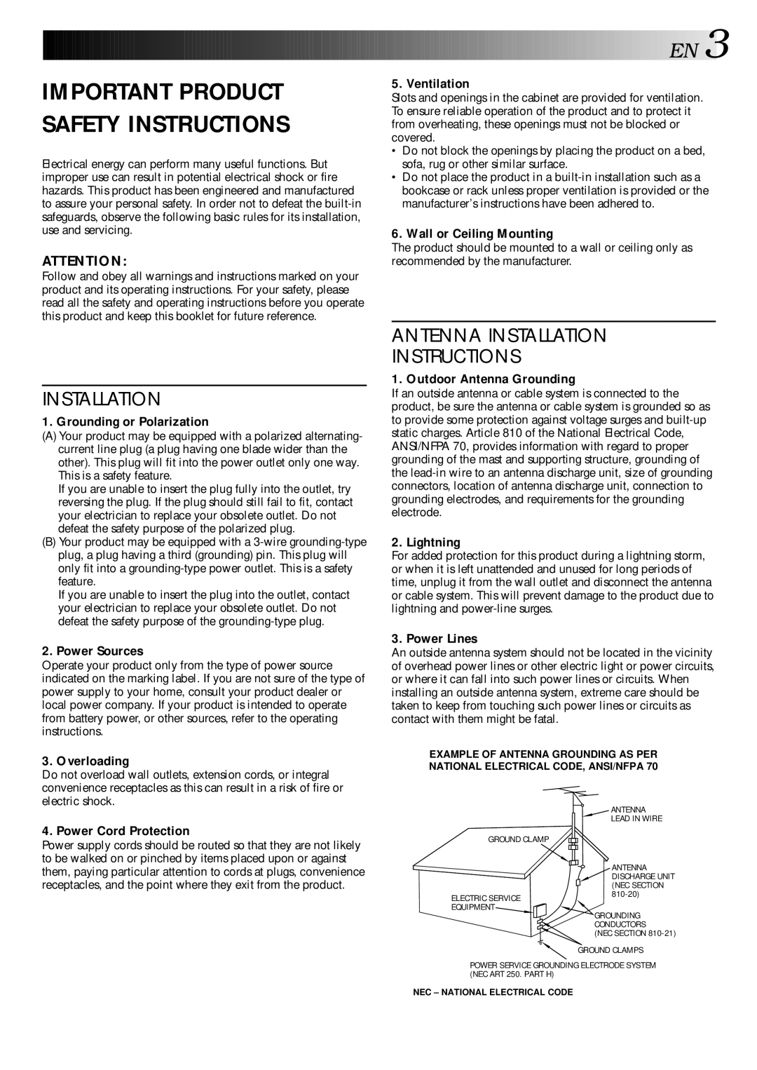 JVC HR-DD840U manual Grounding or Polarization, Power Sources, Overloading, Power Cord Protection, Ventilation, Lightning 