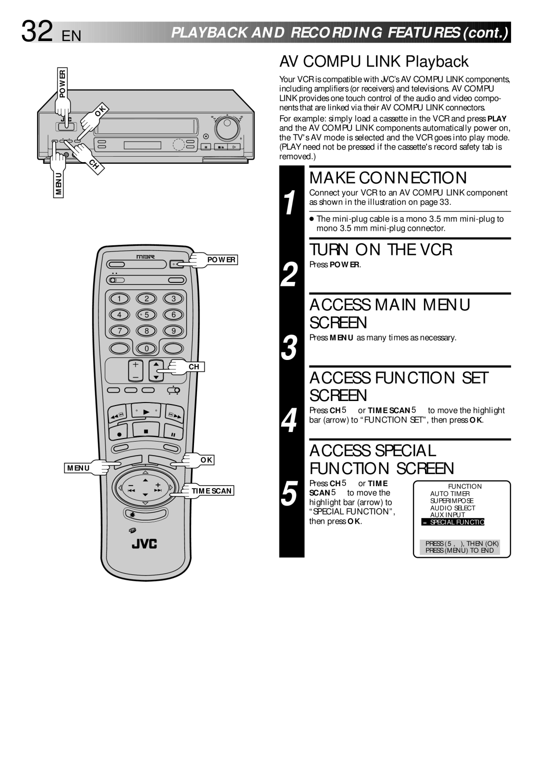 JVC HR-DD840U manual Make Connection, Access Special, Function Screen, AV Compu Link Playback 