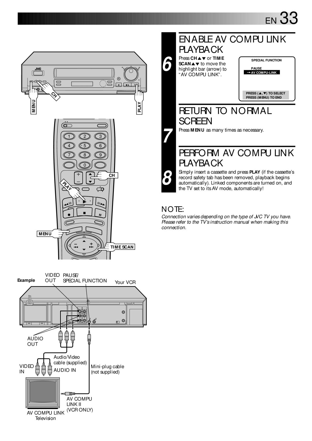 JVC HR-DD840U manual Enable AV Compu Link Playback, Perform AV Compu Link Playback, Or Time, Example 