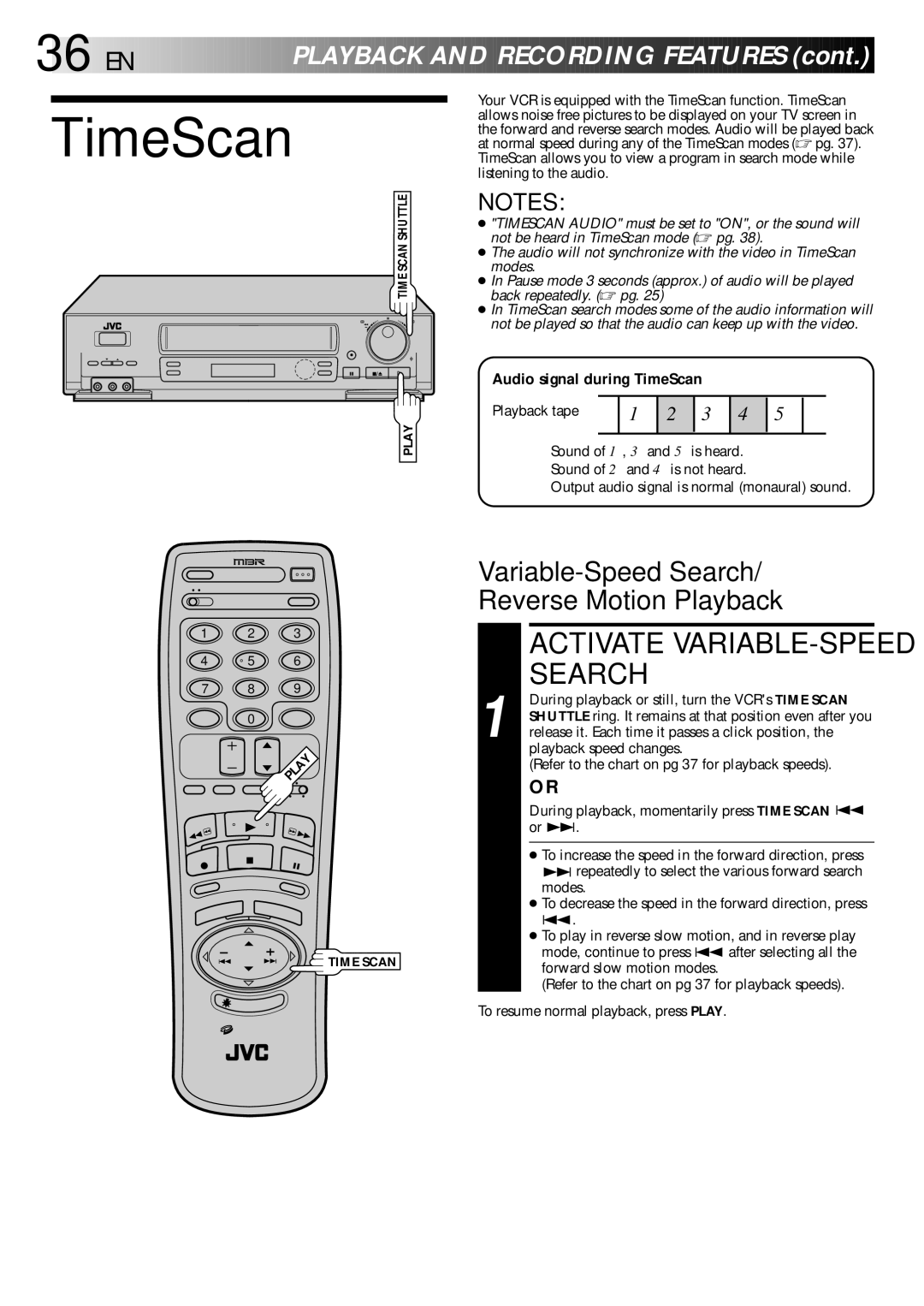 JVC HR-DD840U manual Variable-Speed Search/ Reverse Motion Playback, Audio signal during TimeScan 