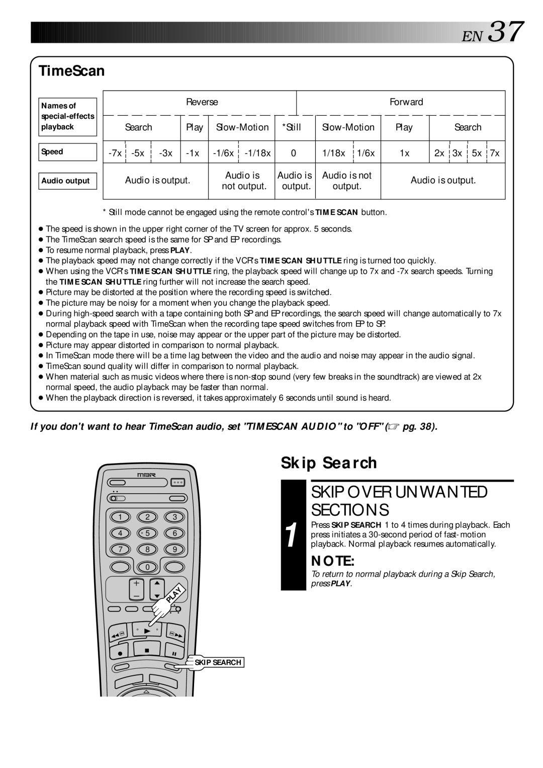 JVC HR-DD840U manual Skip Over Unwanted Sections, TimeScan, Skip Search, Speed Audio output 