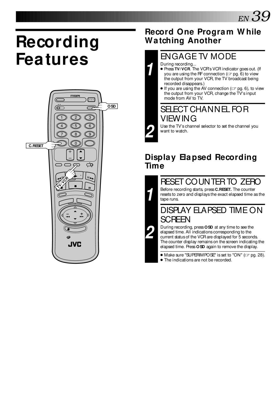 JVC HR-DD840U manual Recording Features, Engage TV Mode, Select Channel for Viewing, Reset Counter to Zero 