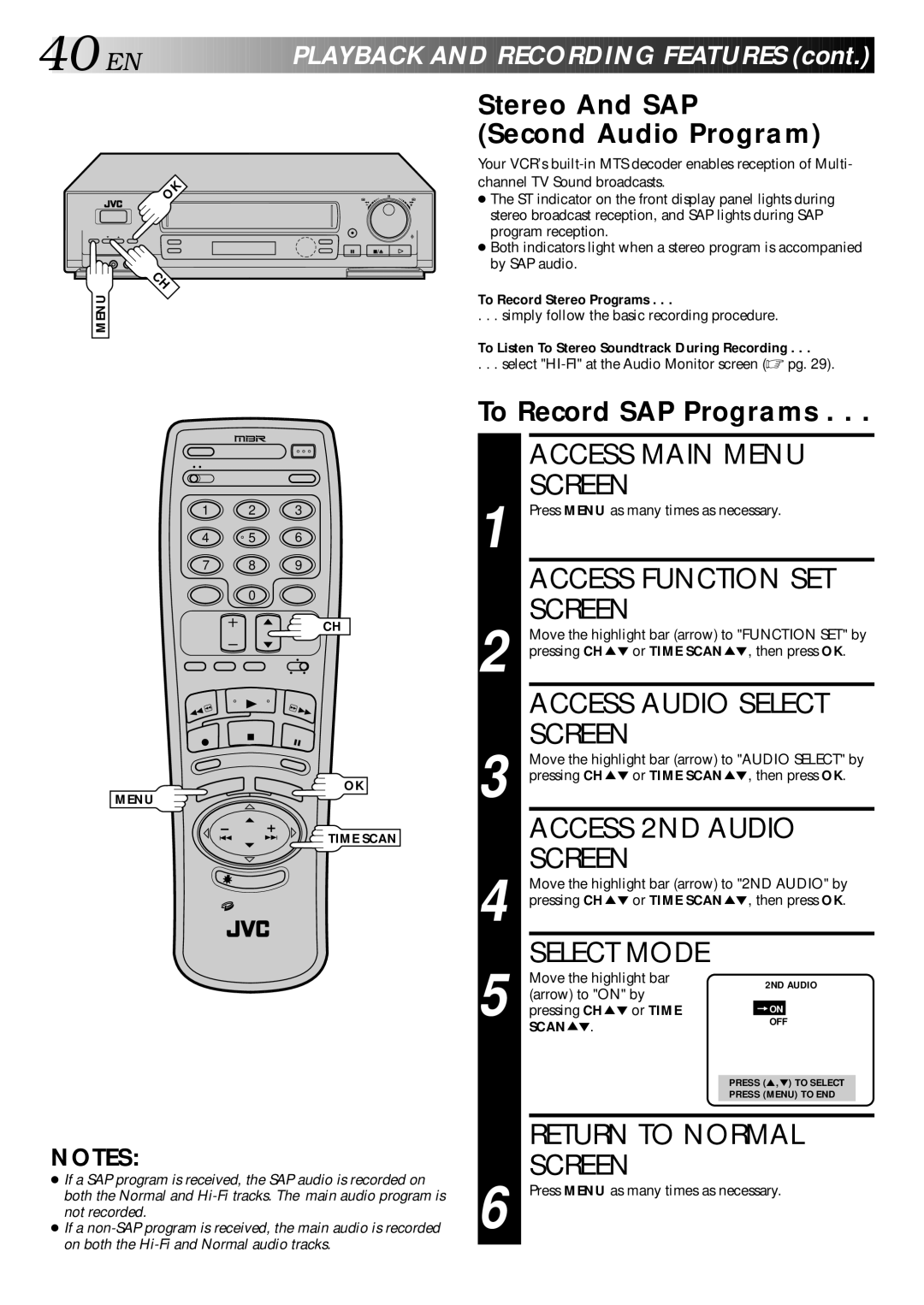 JVC HR-DD840U Access 2ND Audio, Stereo And SAP Second Audio Program, To Record SAP Programs, To Record Stereo Programs 