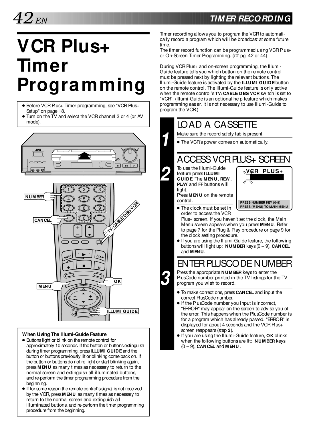 JVC HR-DD840U VCR Plus+ Timer Programming, EN Timer Recording, When Using The Illumi-Guide Feature, GUIDE. The MENU, REW 