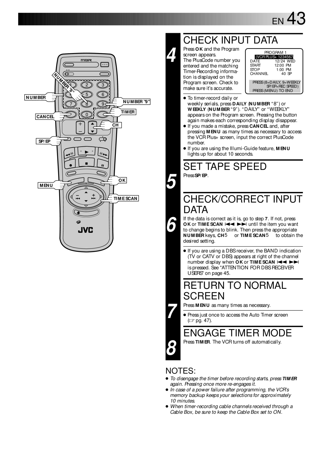 JVC HR-DD840U manual CHECK/CORRECT Input, Data, Engage Timer Mode 