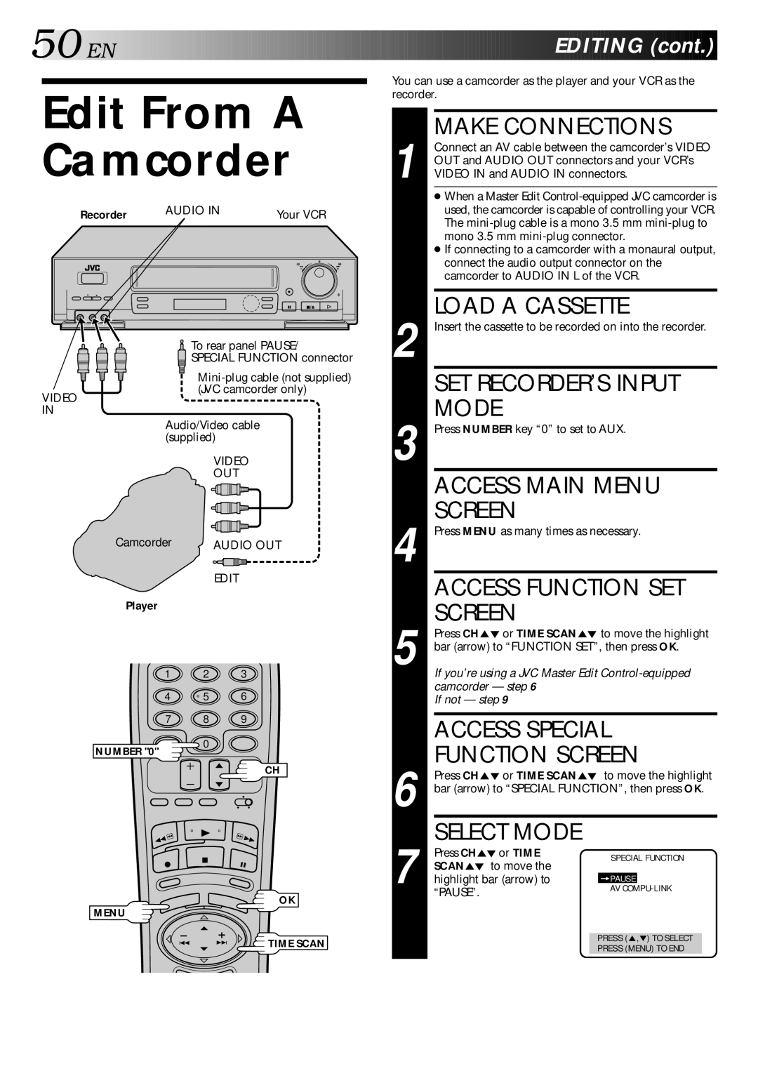 JVC HR-DD840U manual Edit From a Camcorder, Mode, Press CH or Time Scan 