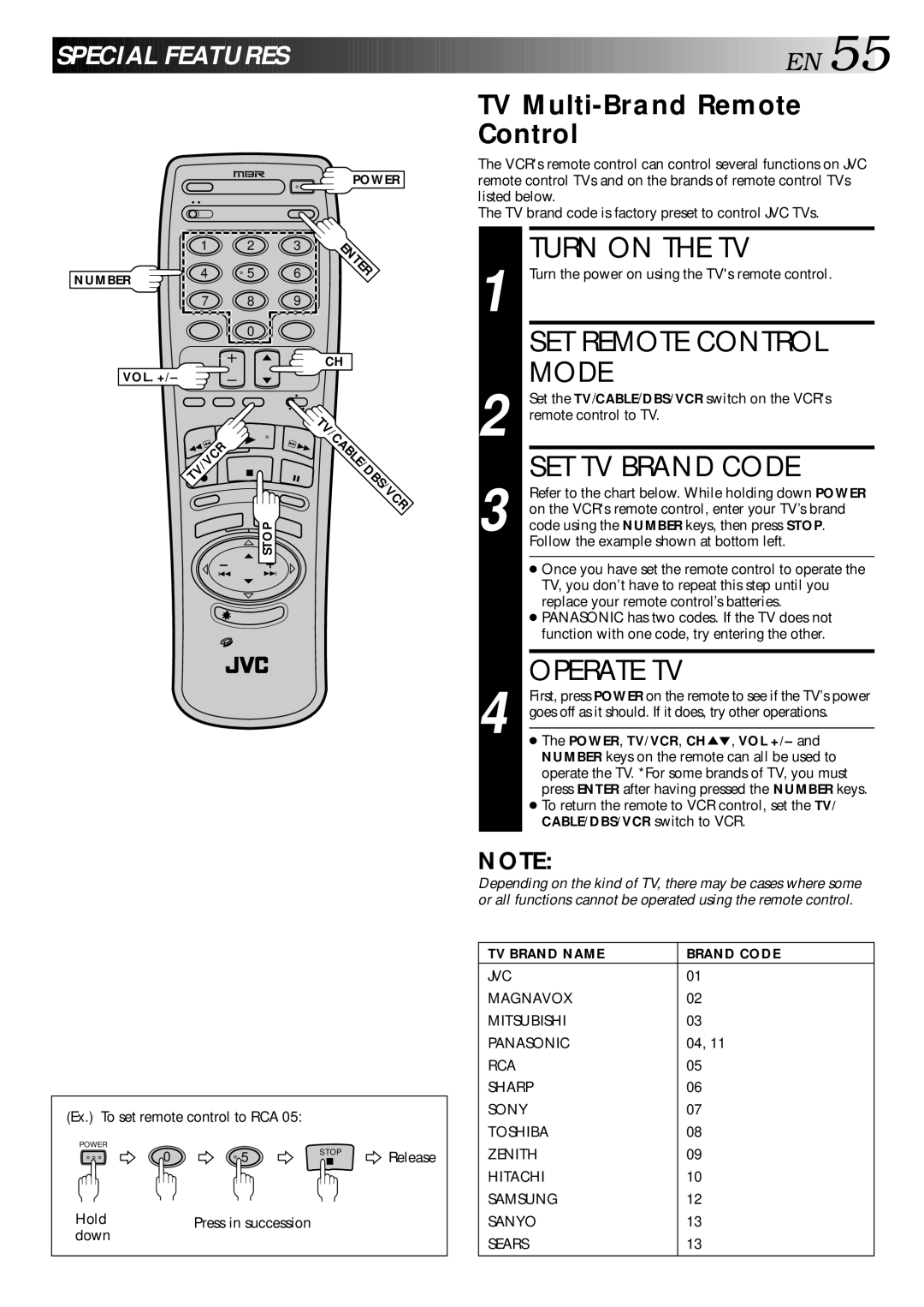 JVC HR-DD840U manual Turn on the TV, SET Remote Control Mode, SET TV Brand Code, Operate TV, Special Features 